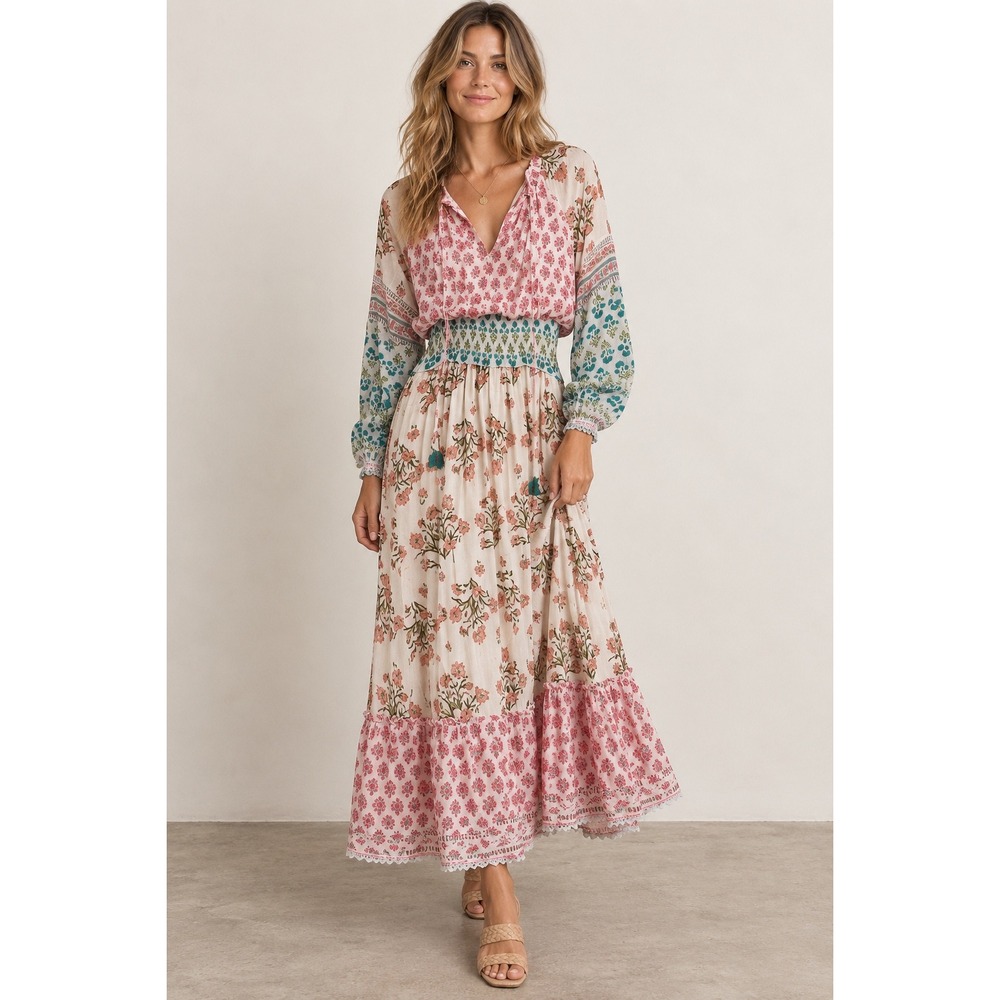 Dex Floral Block Print Boho Maxi Dress Smocked Waist Pink Teal Small
